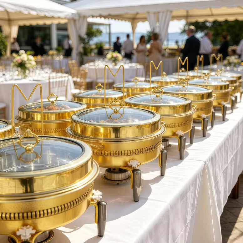 Newly designed stainless steel gold and white 9l thermal pot with alcohol heating, long life and durable hanging lid type food insulation