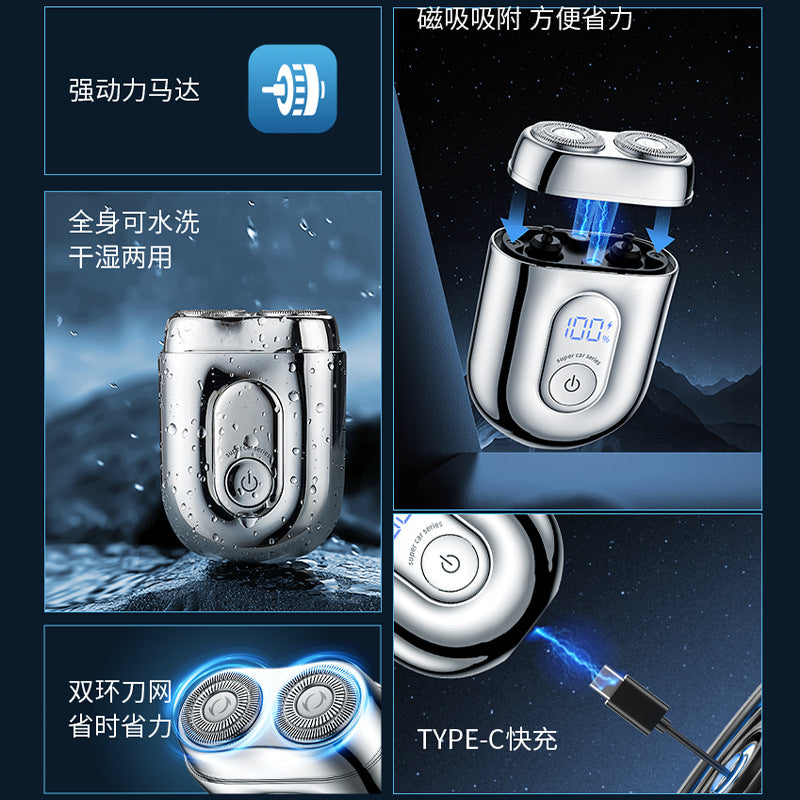 Mini electric shaver with dual-ring magnetic floating head - portable, travel-friendly, and fully waterproof