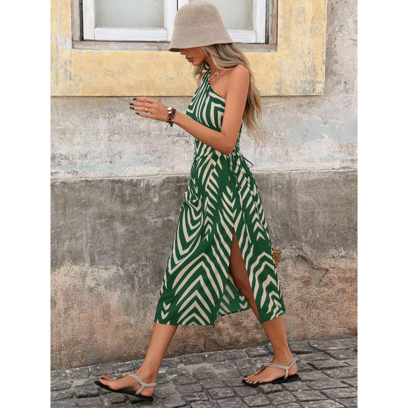 Amazon european bohemian style one-shoulder waist-cinching cutout drawstring slit vacation print dress for women