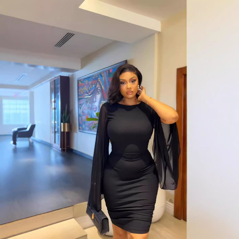 European and american cross-border women's fashion:  autumn new arrival - solid color crew neck flared sleeve sexy backless bodycon dress