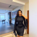 European and american cross-border women's fashion:  autumn new arrival - solid color crew neck flared sleeve sexy backless bodycon dress
