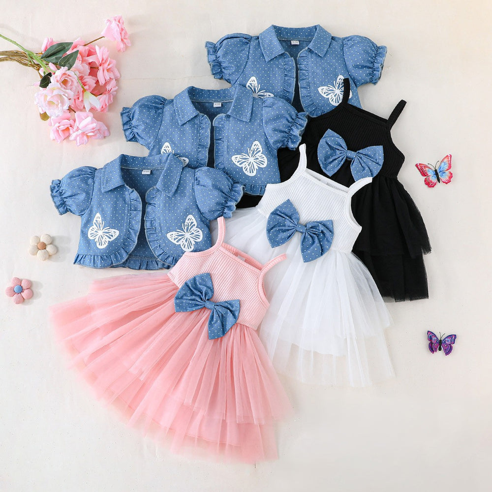 new girls' bowknot suspender dress set - spring/summer korean style mesh skirt two-piece kids' princess dress
