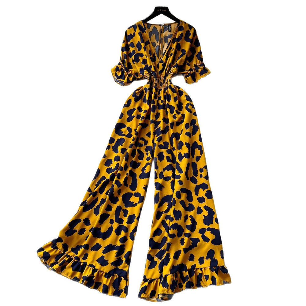 Summer vacation chic: effortless & mature casual v-neck short sleeve jumpsuit with elastic waist, high waist, slimming wide leg, and printed design