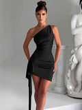 one shoulder shirred slit sexysatindressfashionsummerelegant silm