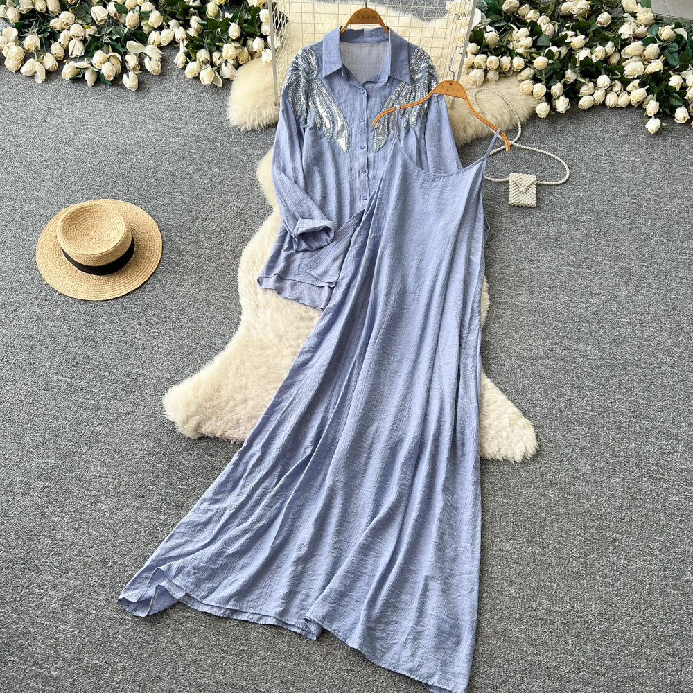 French lazy style heavy industry embroidered beaded lapel shirt suspender dress for women 2026autumtwo-piece setelegantslimming look