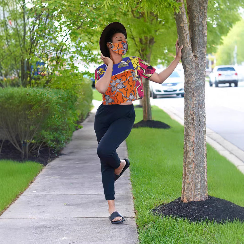 new autumn/winter cross-border sourcing: plus-size african women's wax print short-sleeve top with headscarf and face mask set