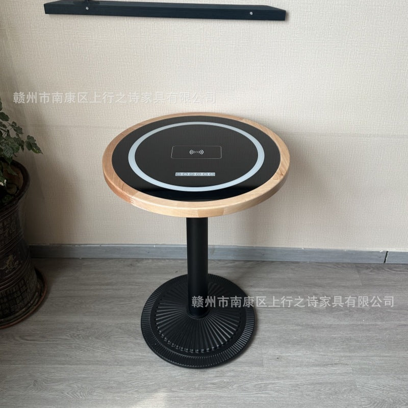 Hotel negotiation table retro dining table with wireless charging bluetooth audio all solid wood desktop small round table desk