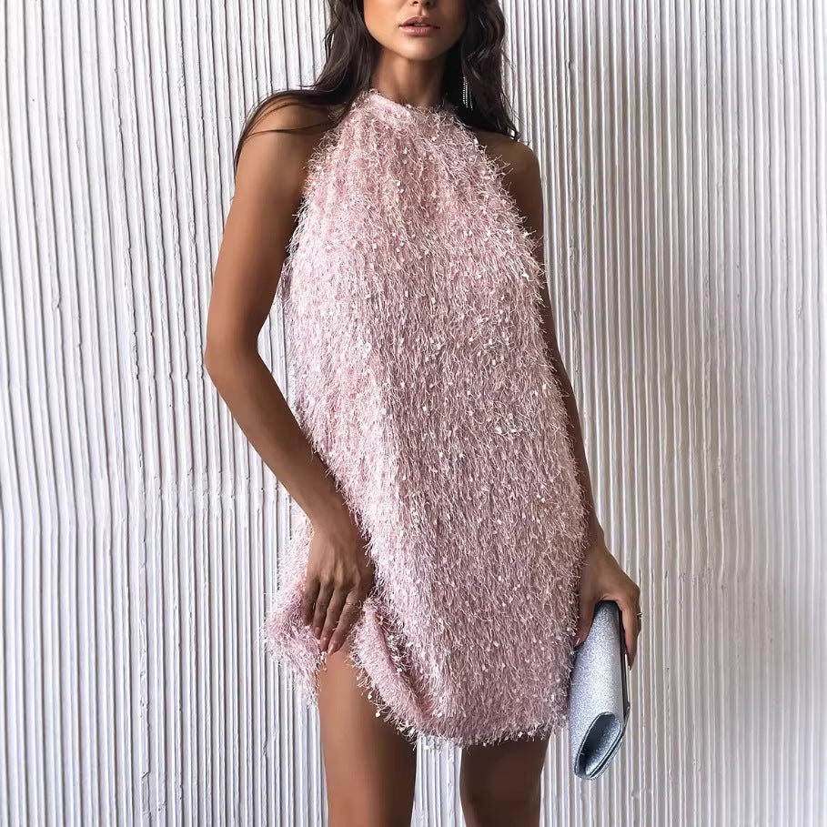 summer princess dress, chanel-inspired tassel dress, round neck tank dress, formal dress, backless new arrival