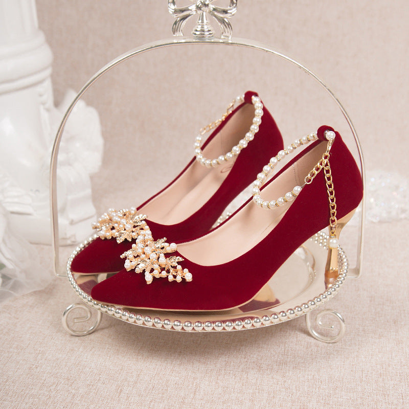Wedding shoes for women with thick heels 2023fall and winternew arrival bride red non-tiring feet wedding dress high heels shoes xiuhe clothes two wears