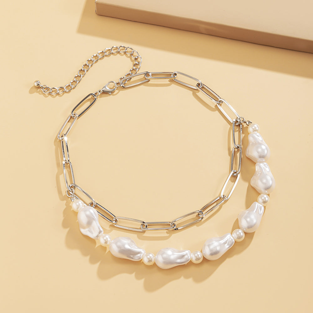 Simple and elegant special-shaped imitation pearl necklace, cool style multi-layer chain necklace, fashion cross-border