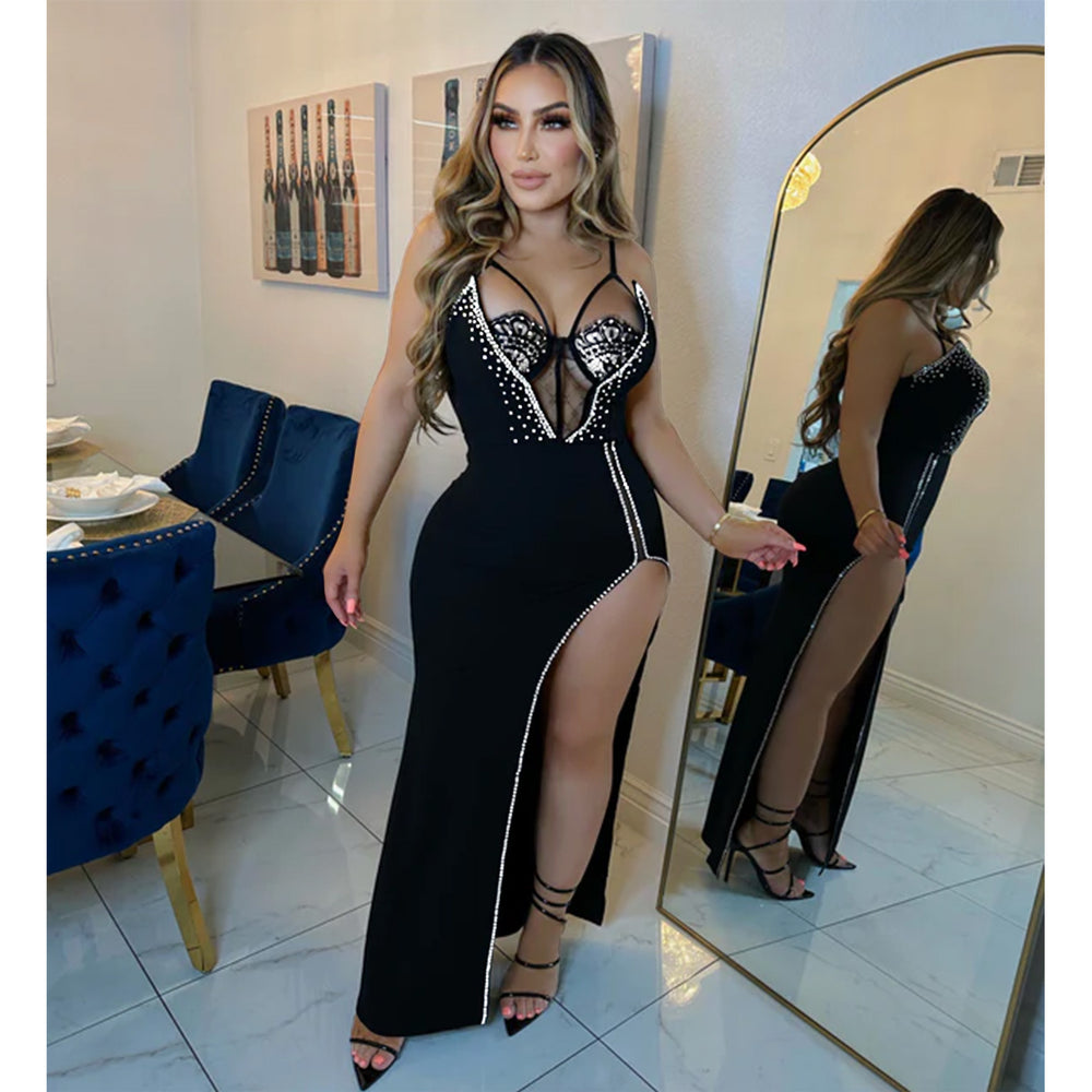 C6705 cross-border   fashion women's solid color rhinestone sleeveless slit maxi dress