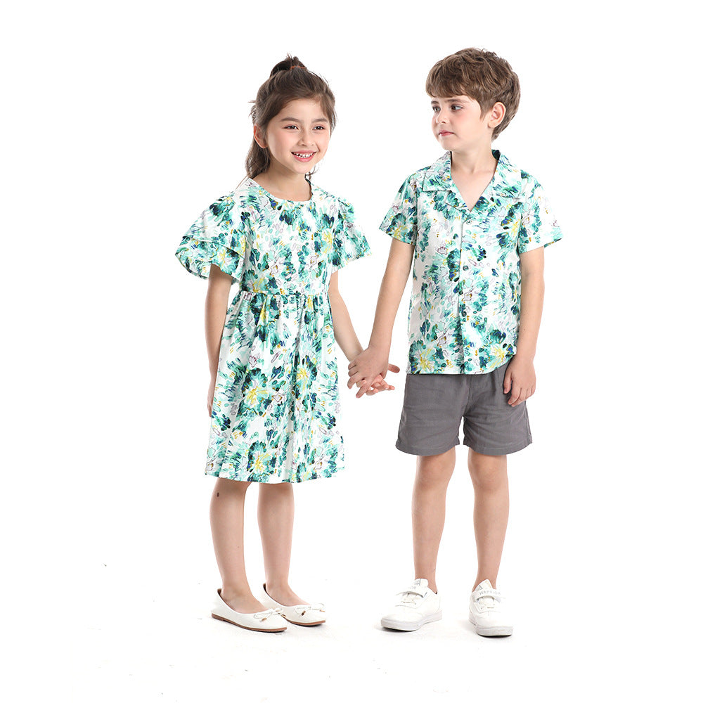 wholesale of spring/summer new boys' shirts: printed, short-sleeved, breathable children's shirts, cute baby boy clothing