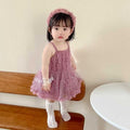 Girls' new summer purple spaghetti strap tulle dress - ethereal princess style, korean-inspired trendy summer outfit for toddlers and young girls