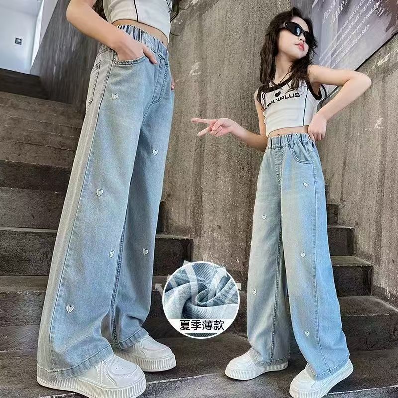 Girls' summer pants: lightweight tencel denim jeans,  new summer collection, straight-leg wide-leg trousers for girls and big girls
