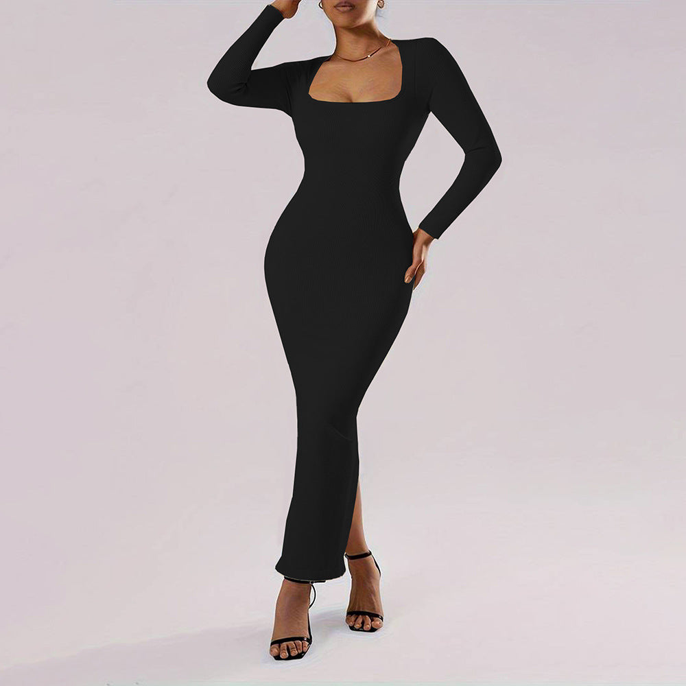 cross-border chic chanel-style square neck dress - autumn/winter slim-fit bodycon maxi dress for women