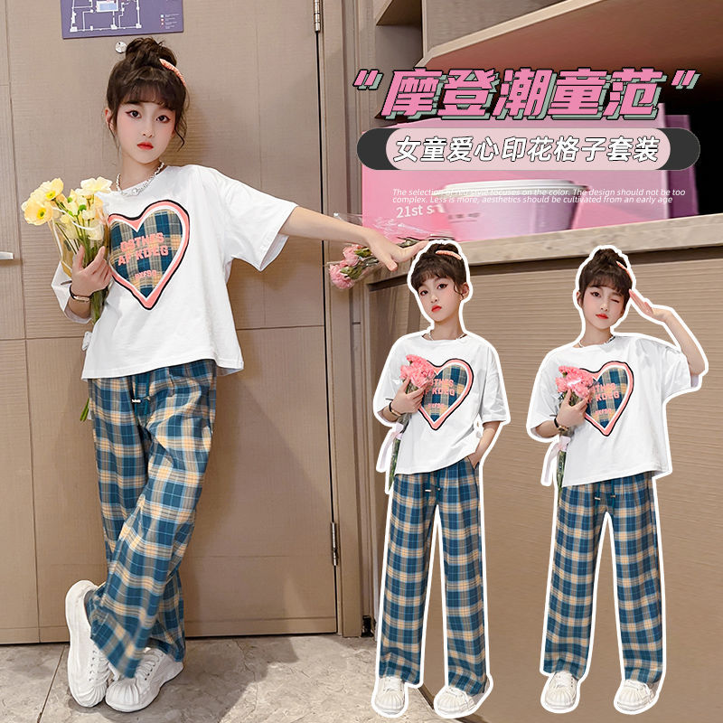 Girls' summer outfit set  new kids' fashionable and stylish summer tracksuit big kids' summer short-sleeve two-piece set