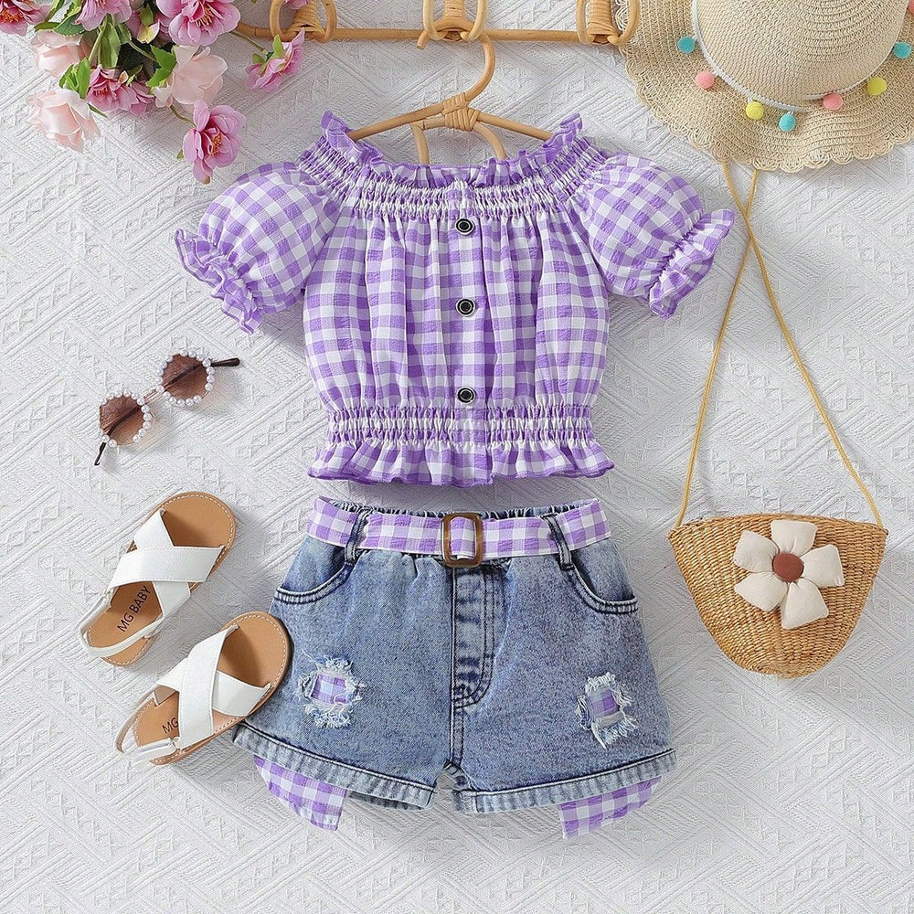 hot selling girl's one-piece collar plaid high elastic cuff washed hole denim shortgirlsuit