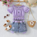 hot selling girl's one-piece collar plaid high elastic cuff washed hole denim shortgirlsuit