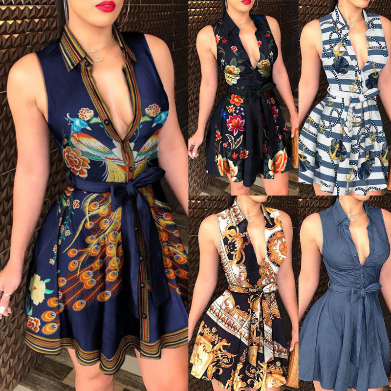 summer new arrival: cross-border women's fashion hot seller - v-neck tie-up sexy printed dress