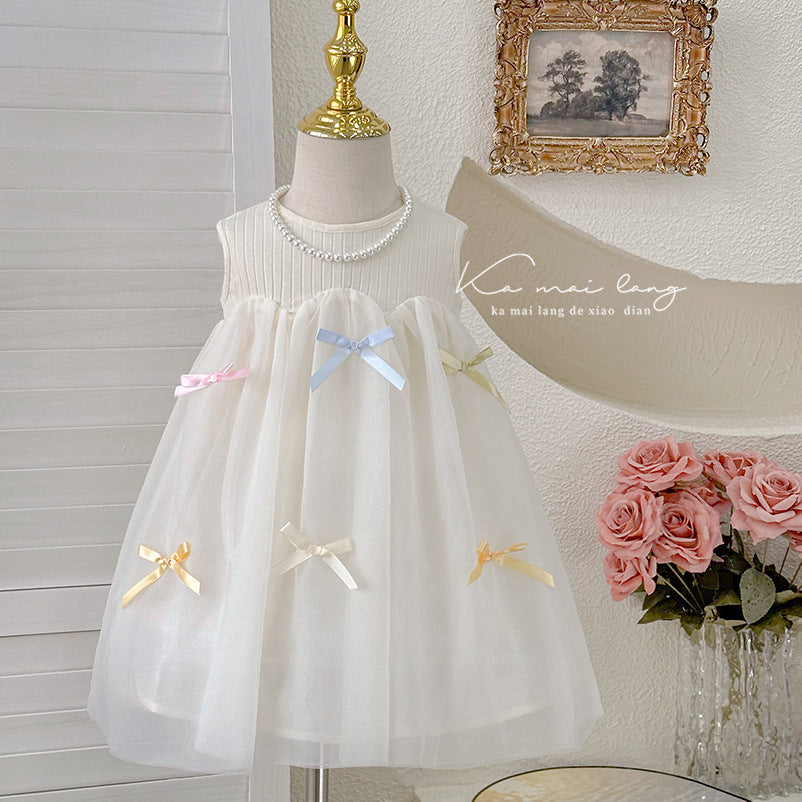 girls' summer dress,  sleeveless tank top mesh dress, baby bow princess dress