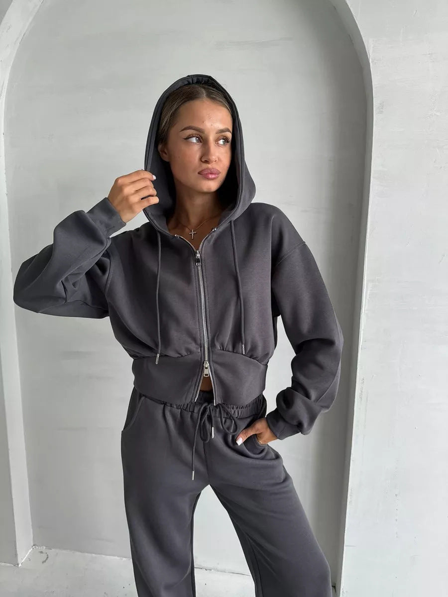 European and American  casual cotton-containing women's clothing solid color long-sleeved zipper cardigan hooded sweater lace-up waist pants two-piece set