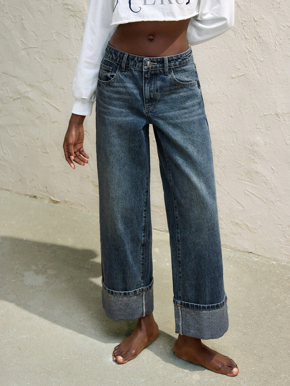 Fashionjeans women's distressed white rolled hem high waistdrapedloose pants american casual women's jeans
