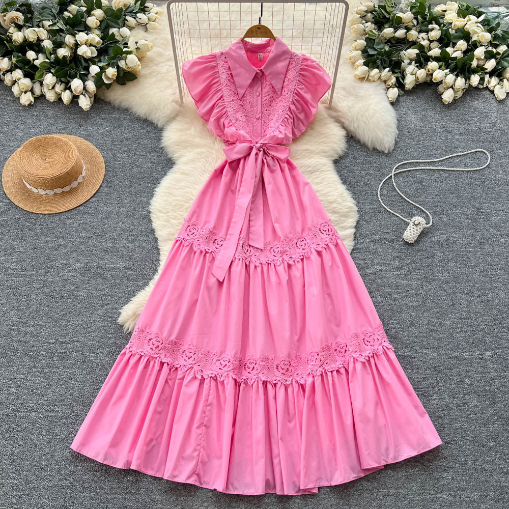 Frencheleganceretrocut outlacepatchwork waist small flying sleeve dress women's slimming lookelegant large swing long skirt