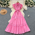 Frencheleganceretrocut outlacepatchwork waist small flying sleeve dress women's slimming lookelegant large swing long skirt