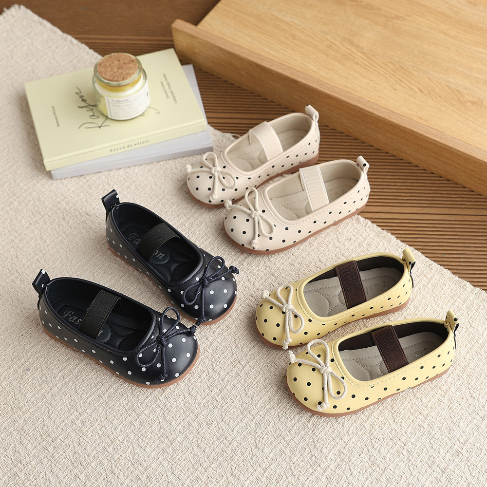Vancahao girls' korean style polka dot princess shoes,  spring new collection, children's bowknot leather flats, low-cut single shoes