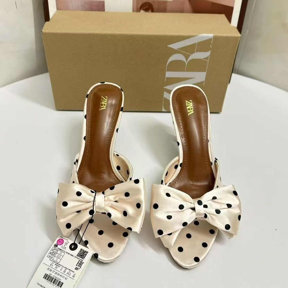 Za fashion casual vacation style women's sandals summer new black and white polka dot bow pointed toe metal chunky heel open toe slides