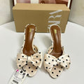 Za fashion casual vacation style women's sandals summer new black and white polka dot bow pointed toe metal chunky heel open toe slides