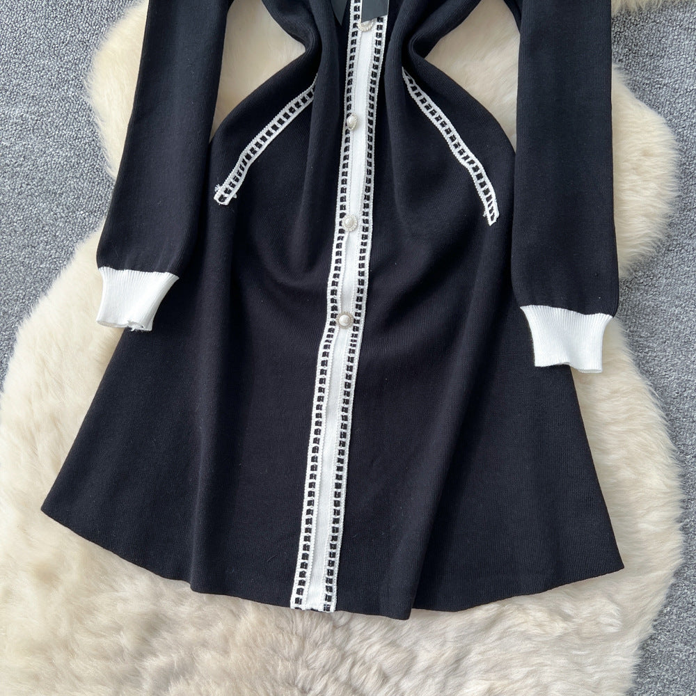 Xiaoxiangfengclassyfashionablecontrast color lapelbowssingle breasted waist slimming lookelegantknittingdress women