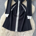 Xiaoxiangfengclassyfashionablecontrast color lapelbowssingle breasted waist slimming lookelegantknittingdress women