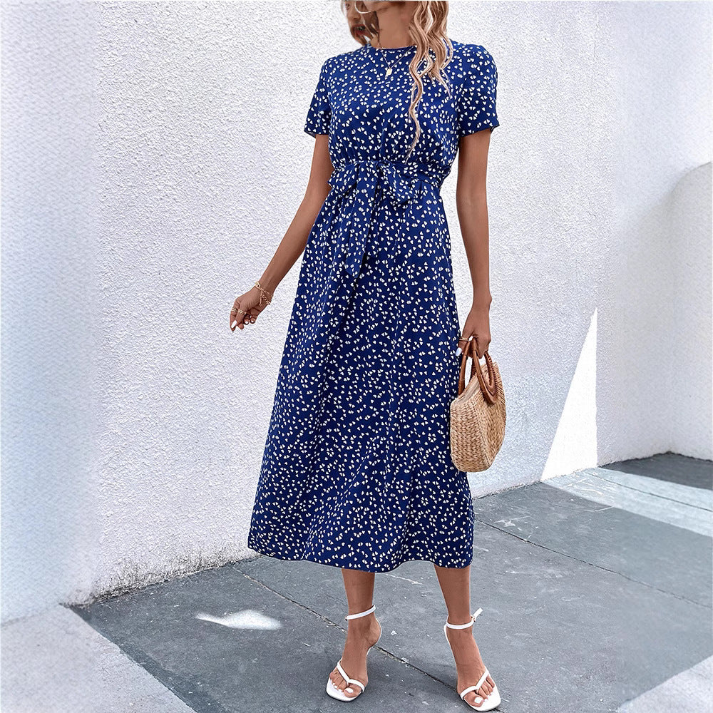 european and american women's clothing    independent autumn short-sleeve floral print v-neck midi dress