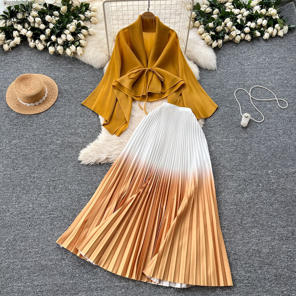 Miya pleated butterfly sleeve gradient tie back shawl short outweartops+gradient pleated skirt two-piece set