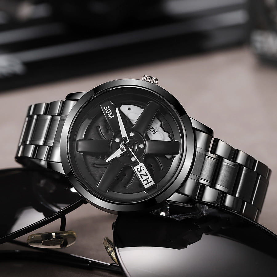 New hollow-out creative tech men's steel band watch with rotating bezel - quartz watch for cross-border e-commerce