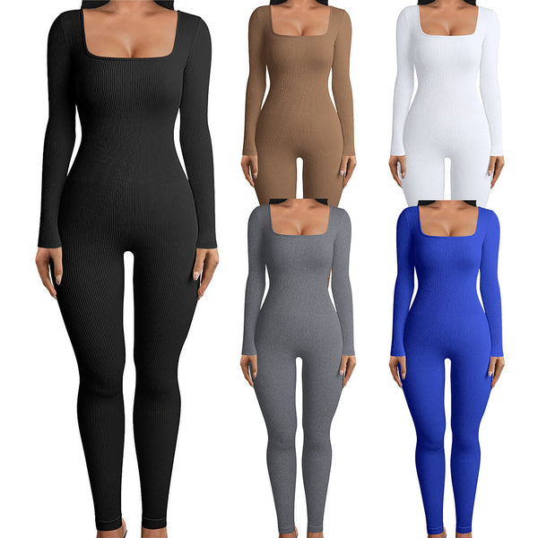 Spot  women's clothing solid color long-sleeved vest onesie threaded square neck backless hip-lifting slim-fitting sports jumpsuit