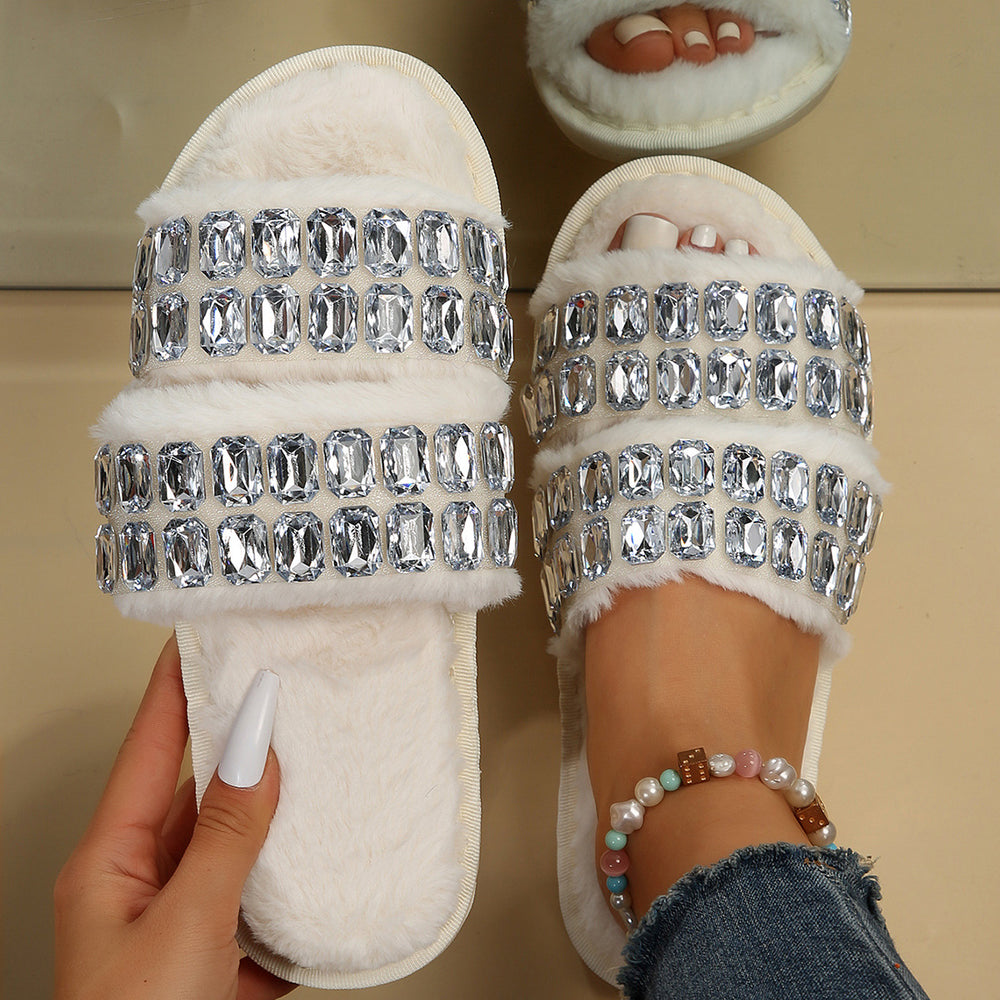 Rhinestone cotton slippers 2024 new women's winter fleece-lined thickened couple student plush slippers home indoor cotton slippers
