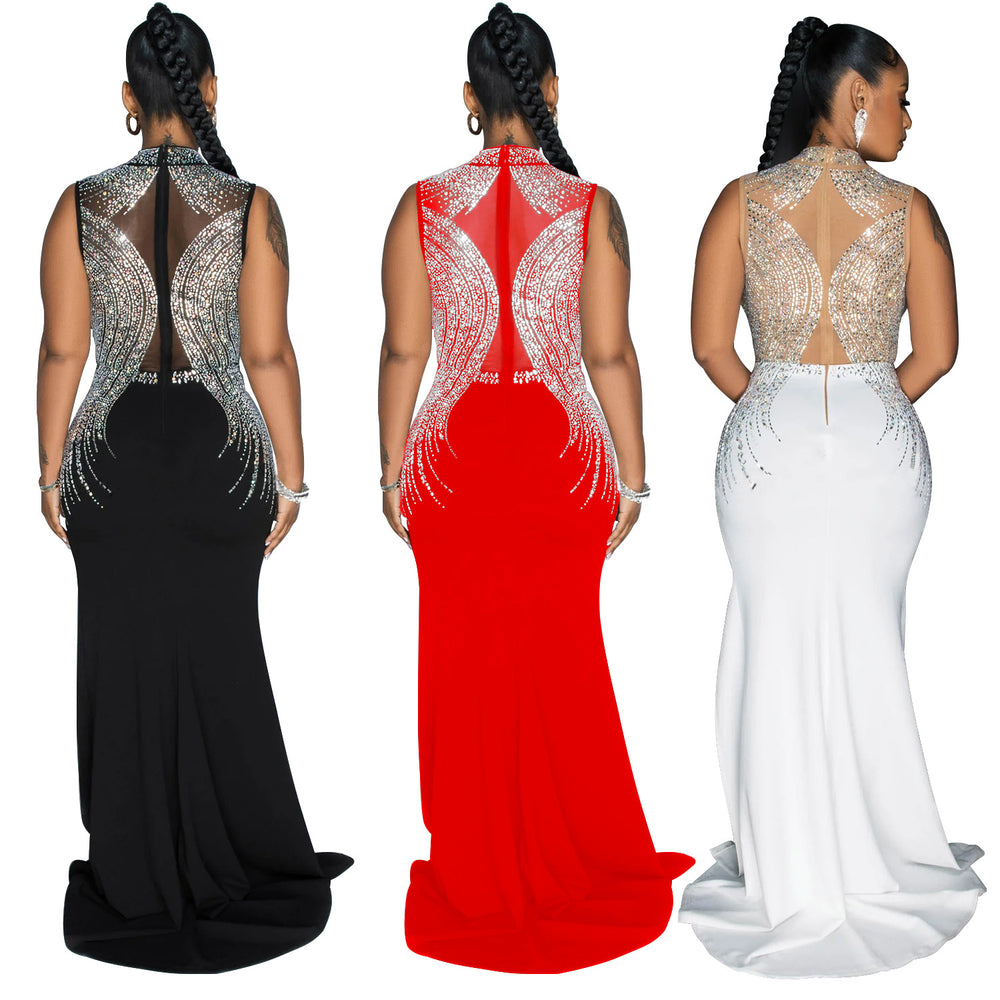 C6860 cross-border   fashion women's solid color mesh rhinestone slit maxi dress