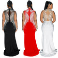 C6860 cross-border   fashion women's solid color mesh rhinestone slit maxi dress