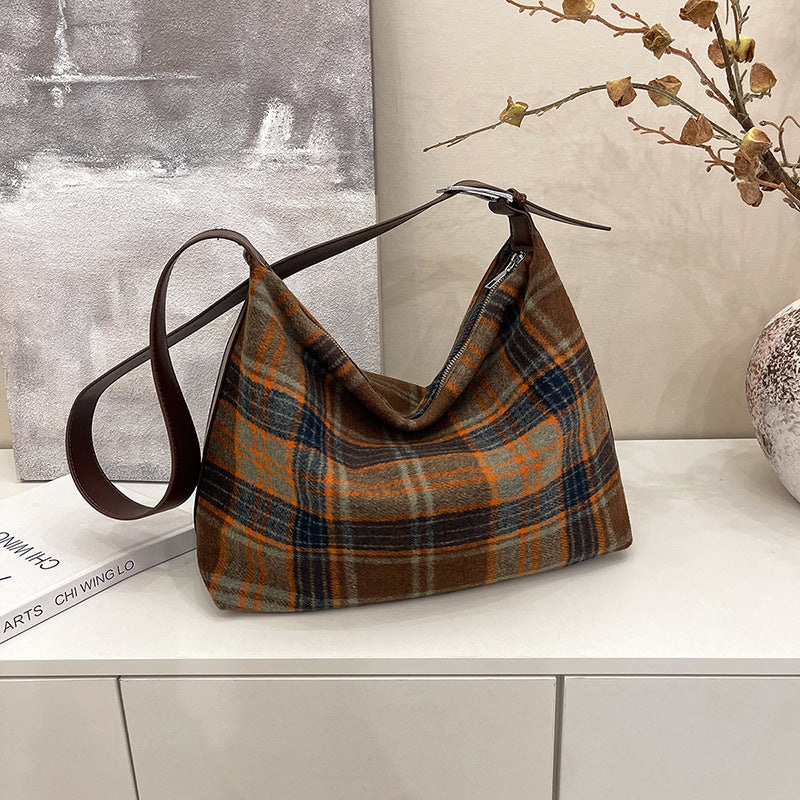 Bow lace-up shoulder bag Korean version casual large-capacity dumpling bag women's winter plaid tote bag