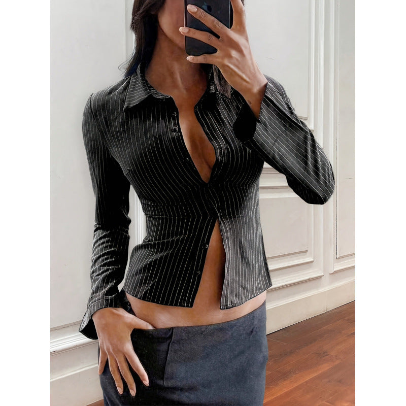 code new arrival  women's original lapel stripesilm long sleevesshirt