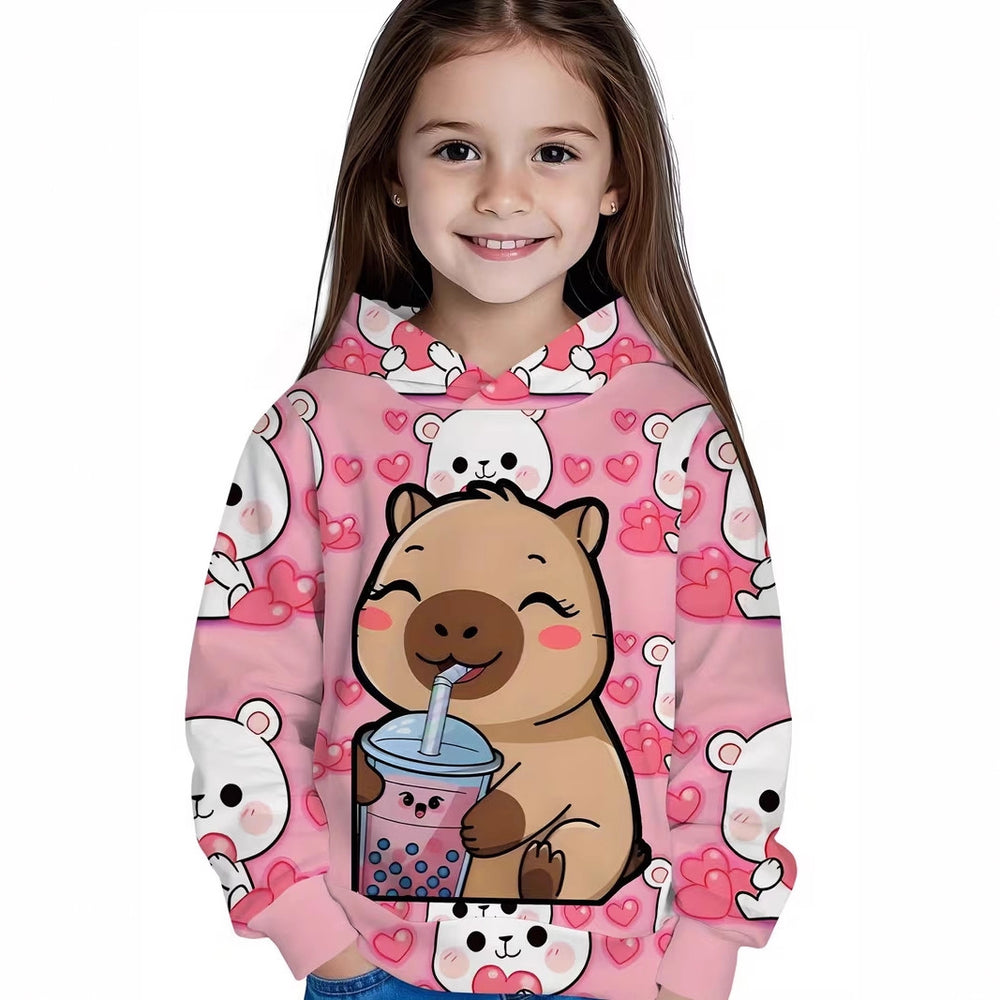 Girls' heartfelt capybara print hoodie - trendy & casual kids' clothing, hot seller for cross-border e-commerce