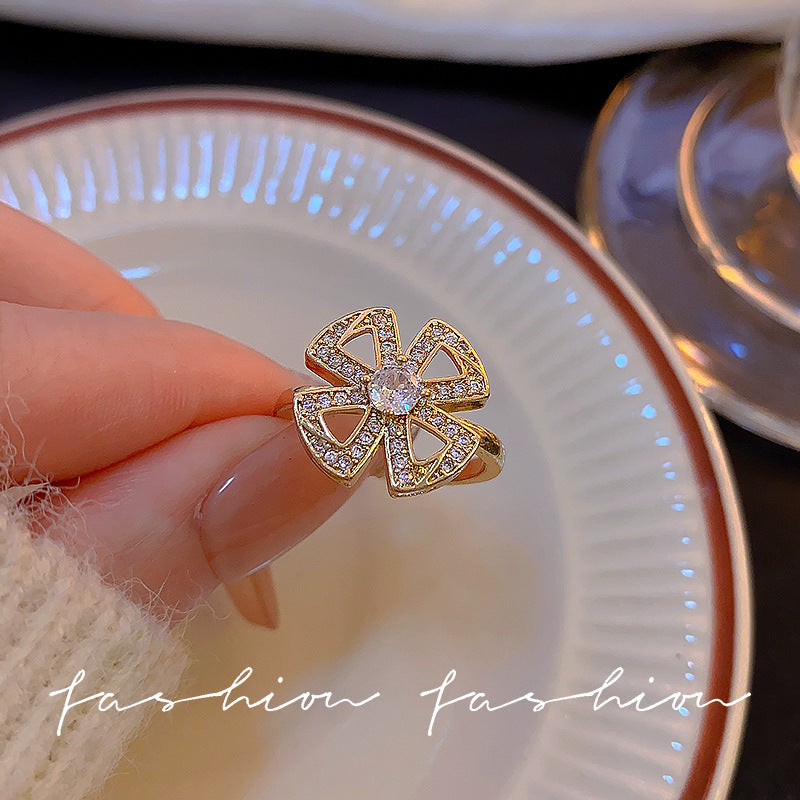 Japanese and korean flower open ring fashion zircon ring female ins simple internet celebrity adjustable stylish ring jewelry
