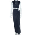 Fashion style early autumn in stockdress milk silk diagonal v neck exposed one shoulder sleeveless long slit dress trendy wholesale