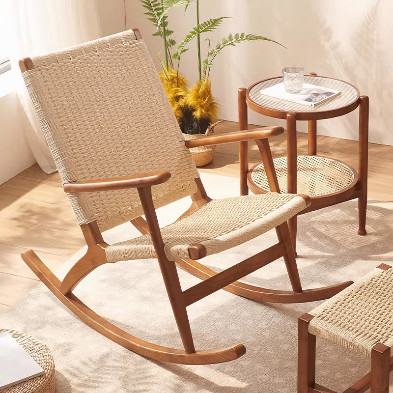 Scandinavian rocking chair solid wood for home balcony hemp rope woven ash rocking chair casual modern living room recliner