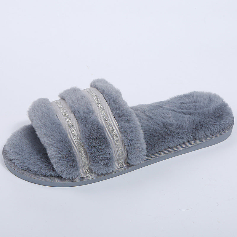 Amazon export one-character plush home cotton slippers women's autumn and winter new fashion outwear fur slippers wholesale