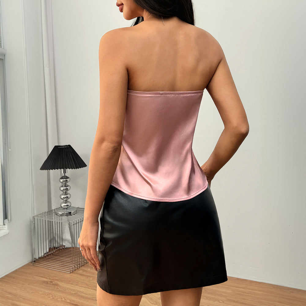 spring/summer new arrivals: european and american style sexy & chic satin bandeau top - sleeveless, solid color, elegant short top