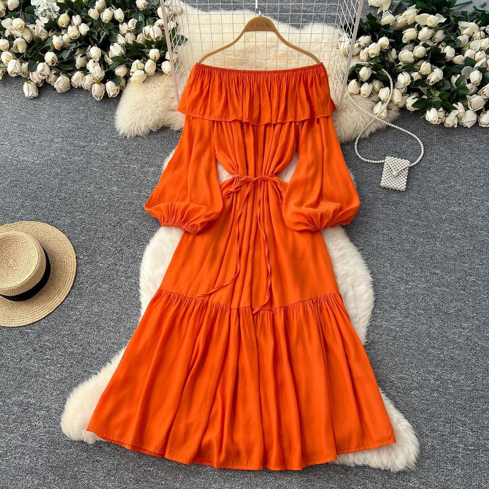 French chic one-shoulder ruffle trim lantern sleeve bodycon midi dress