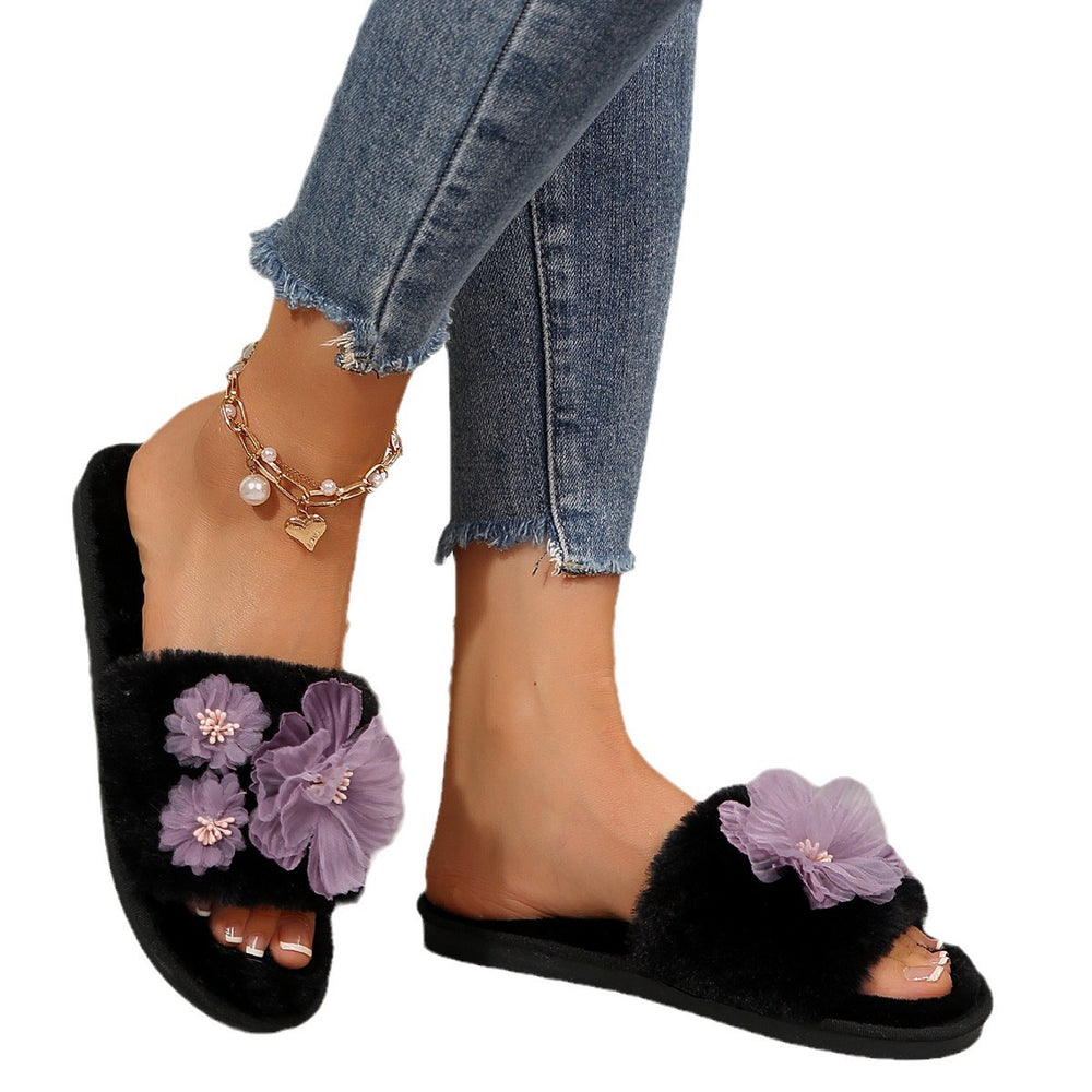 Popular thick sole furry slippers for women indoor and outdoor wear plus size 2024fall and winter large flower home fleece-linedheattech flip flops